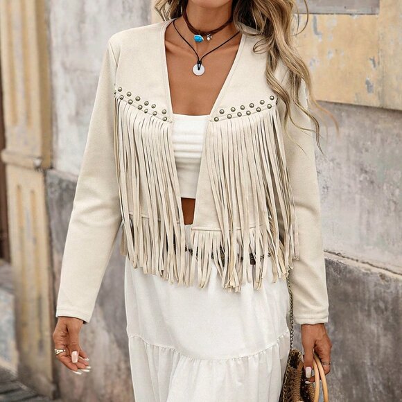 beige Casual Women's Fringe Trim Open Front Jacket - Picture 5 of 8